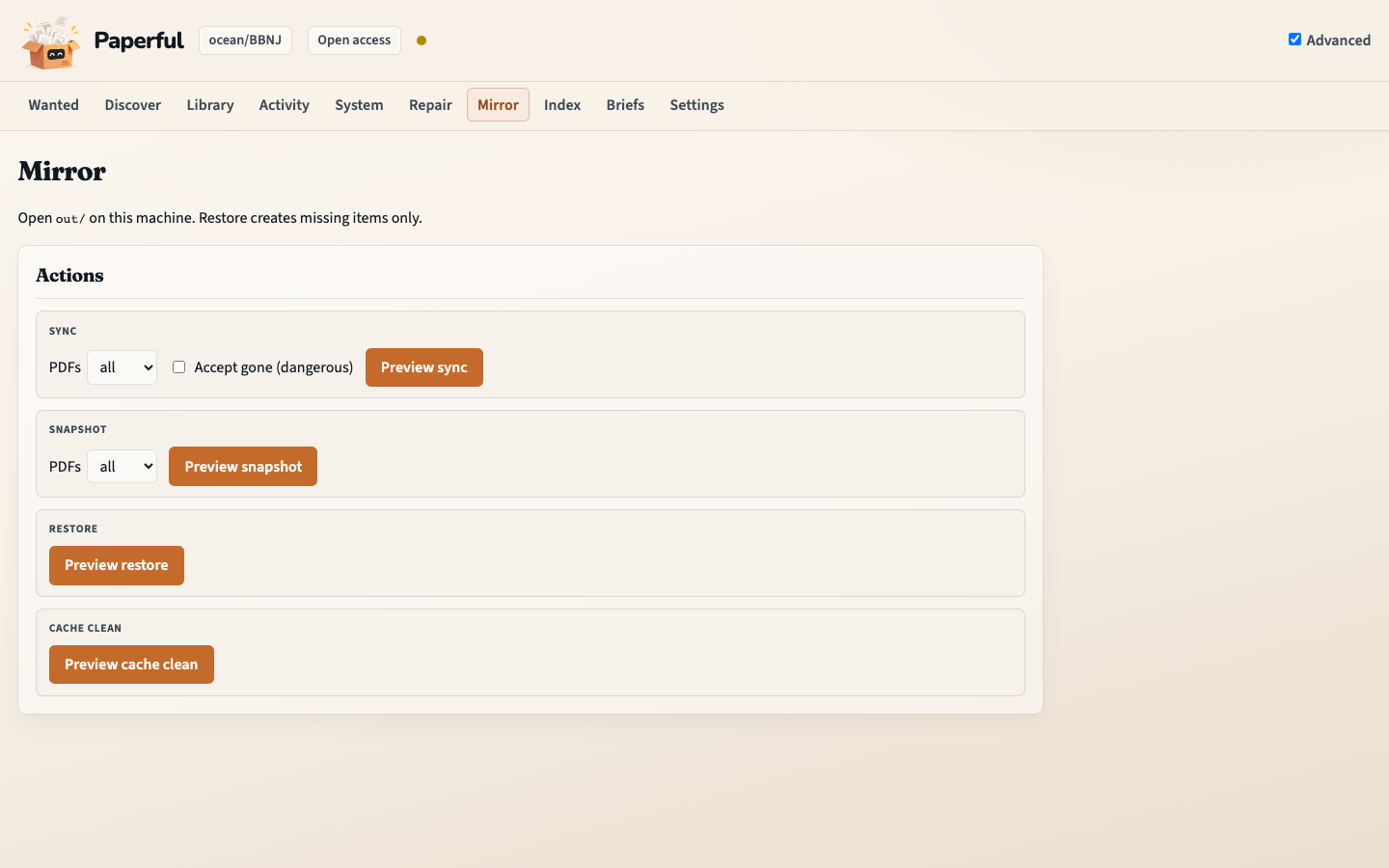 Mirror: snapshot and restore for the on-disk copy