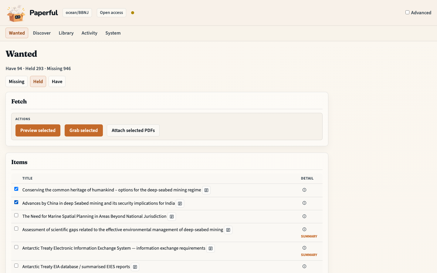 Wanted Held: downloads waiting for a human look, rows ticked before Attach